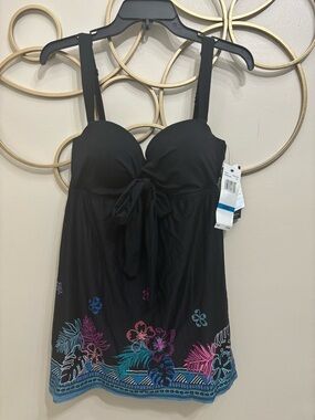 Black Floral Tie-Front Tankini Top